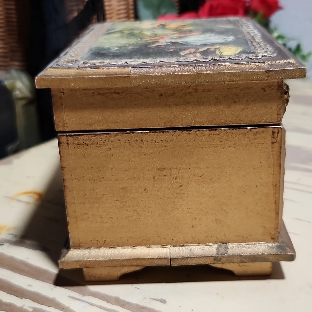 VINTAGE Wood Wind Up Music Jewelry Box Silky Print Antoine Watteau Foote…